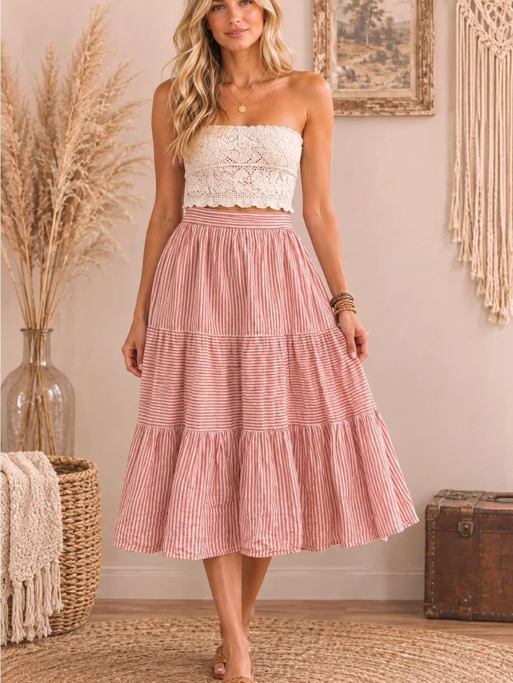 American Eagle Outfitters Orange Striped Tiered Maxi Skirt